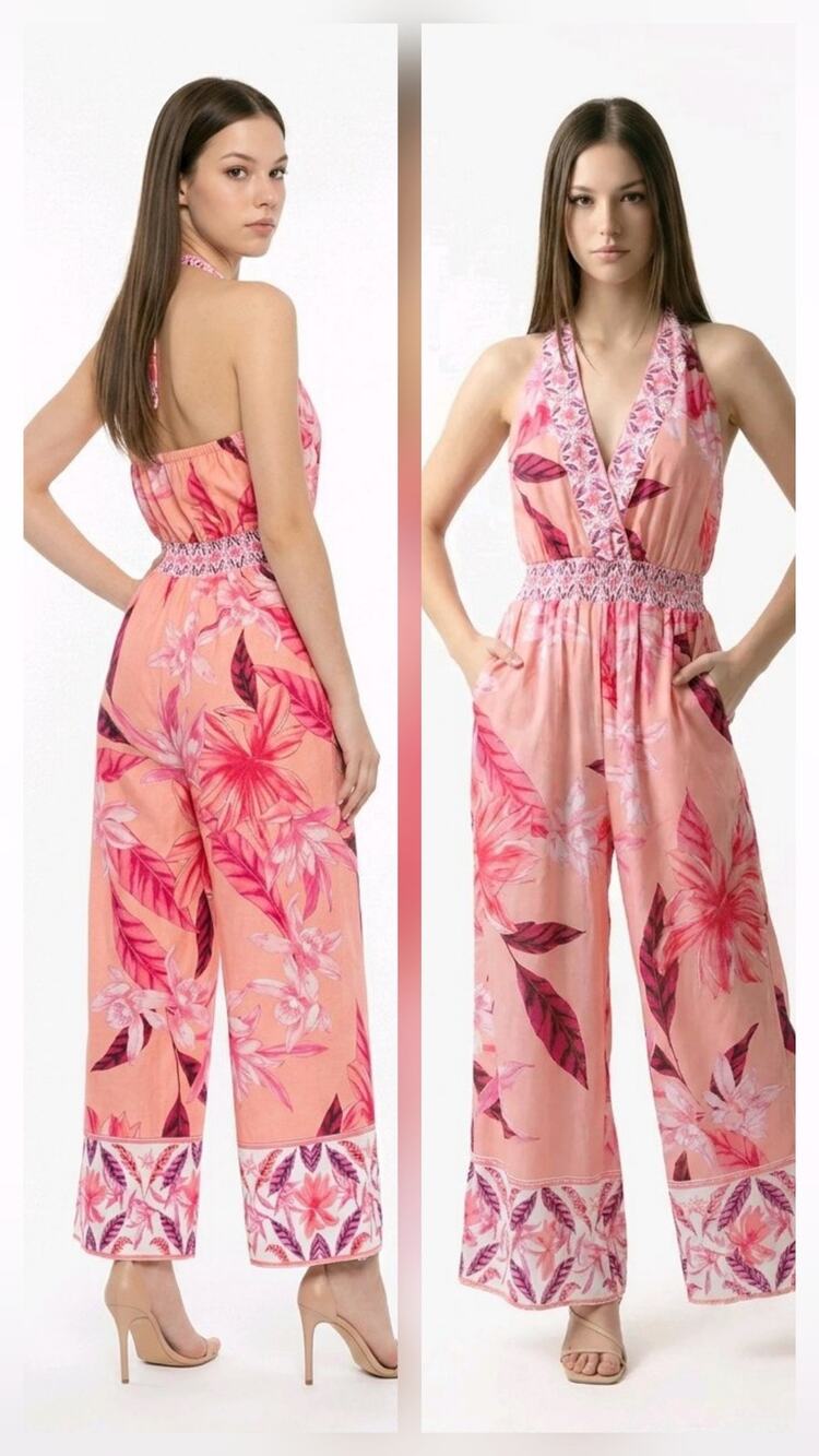 VENUS Size 6 Pink Floral Halter Wide Leg Jumpsuit Linen Blend Pockets